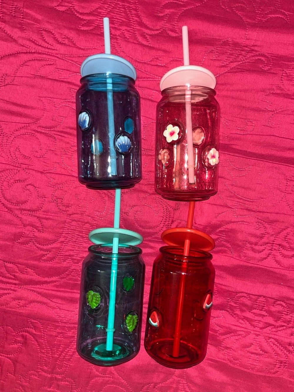 Set of 4 Decorative Mason Jar Tumblers with Straws - Blue, Pink, Teal, Red